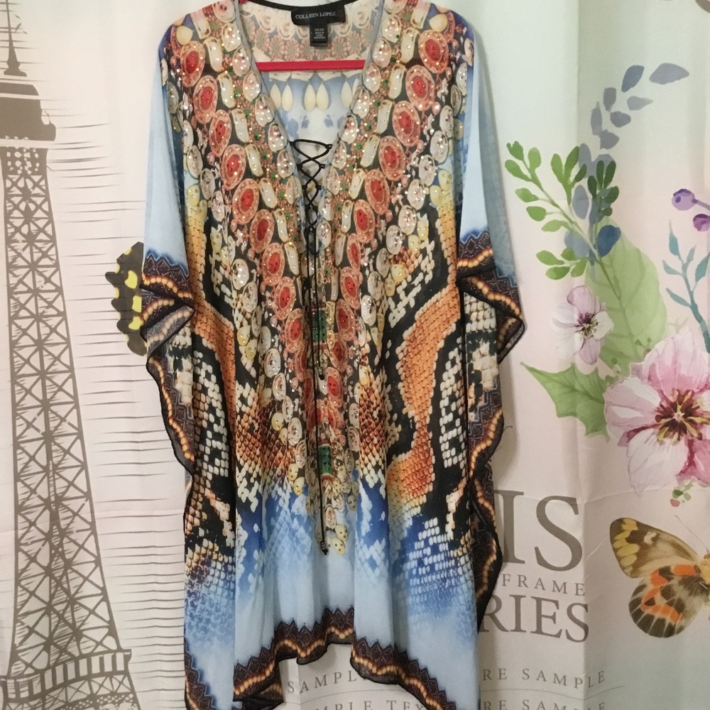 Colleen Lopez One Size Kimono Top Caftan Cover Up Tassel Lace Up